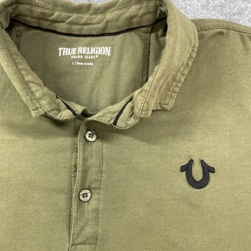 True Religion Mens Polo Shirt L Olive Stretch Short Sleeve Statement Cotton